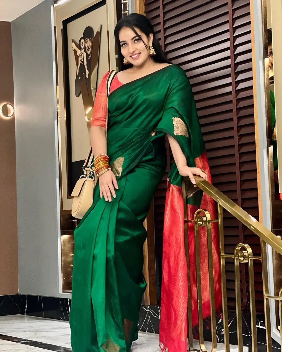 Malayalam Girl Malavika Menon In Green Saree Red Blouse